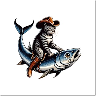 Meowdy Texas Cowboy Rodeo Cat Ride On Sardine Posters and Art